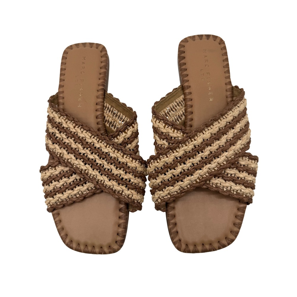 Marc Fisher Slide Sandals Womens 9 Brown Excellent Woven Raffia Square Toe Flat